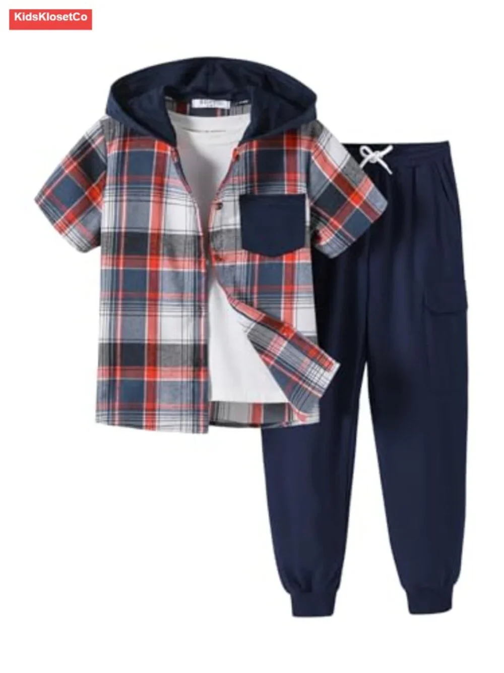 Boys Plaid Hooded Button Shirt & Jogger Pants Set Spring Summer